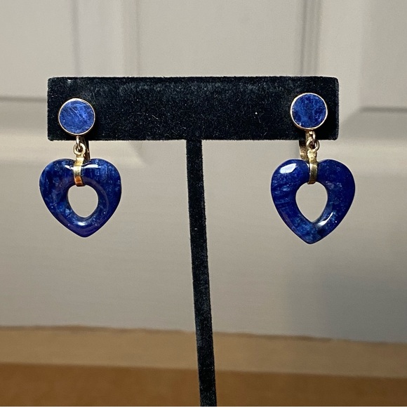 Gold Tone Blue Heart Drop Earrings - Picture 1 of 8